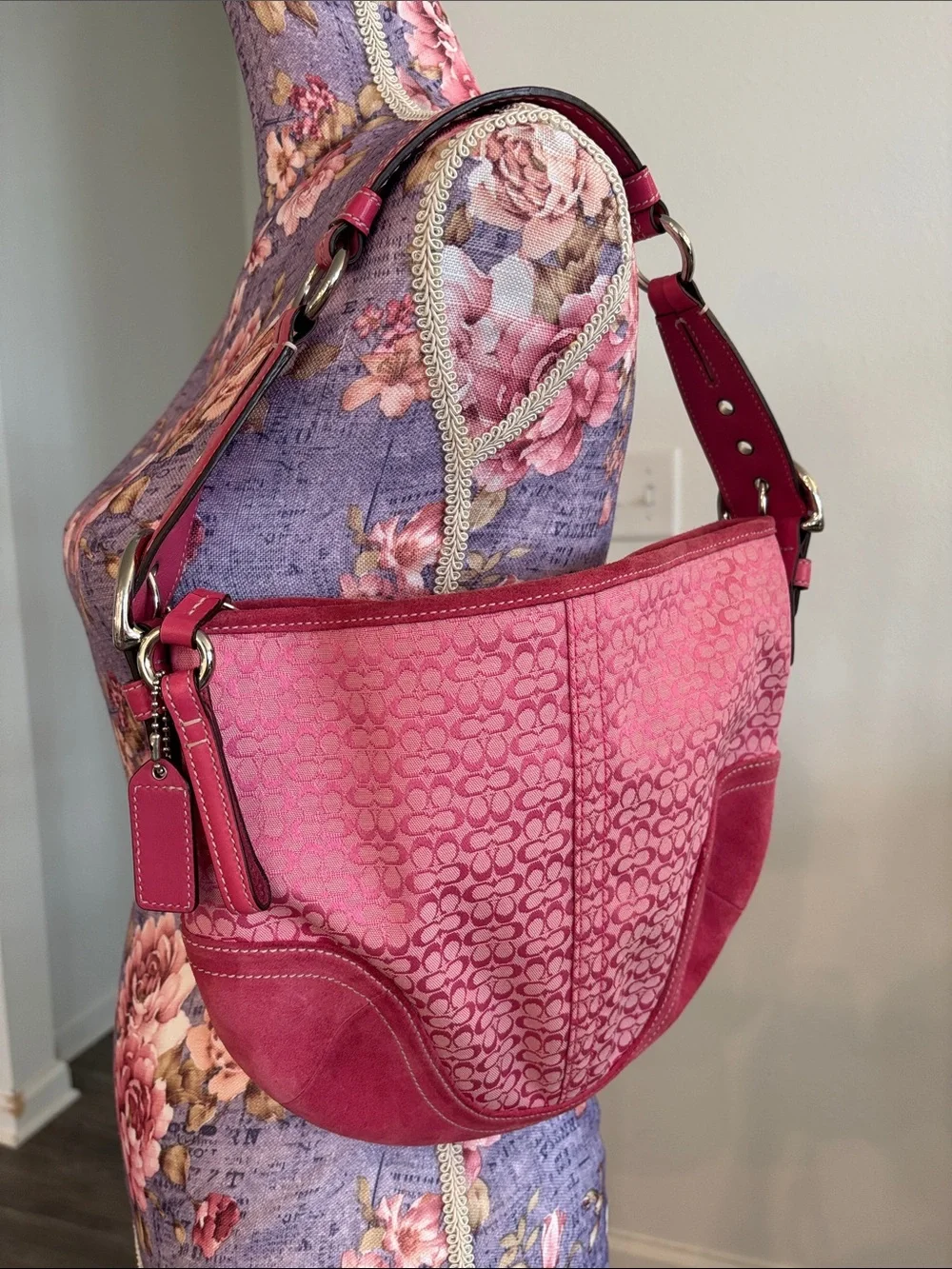 Coach Y2K Pink Signature Hobo Bag with Suede Trim